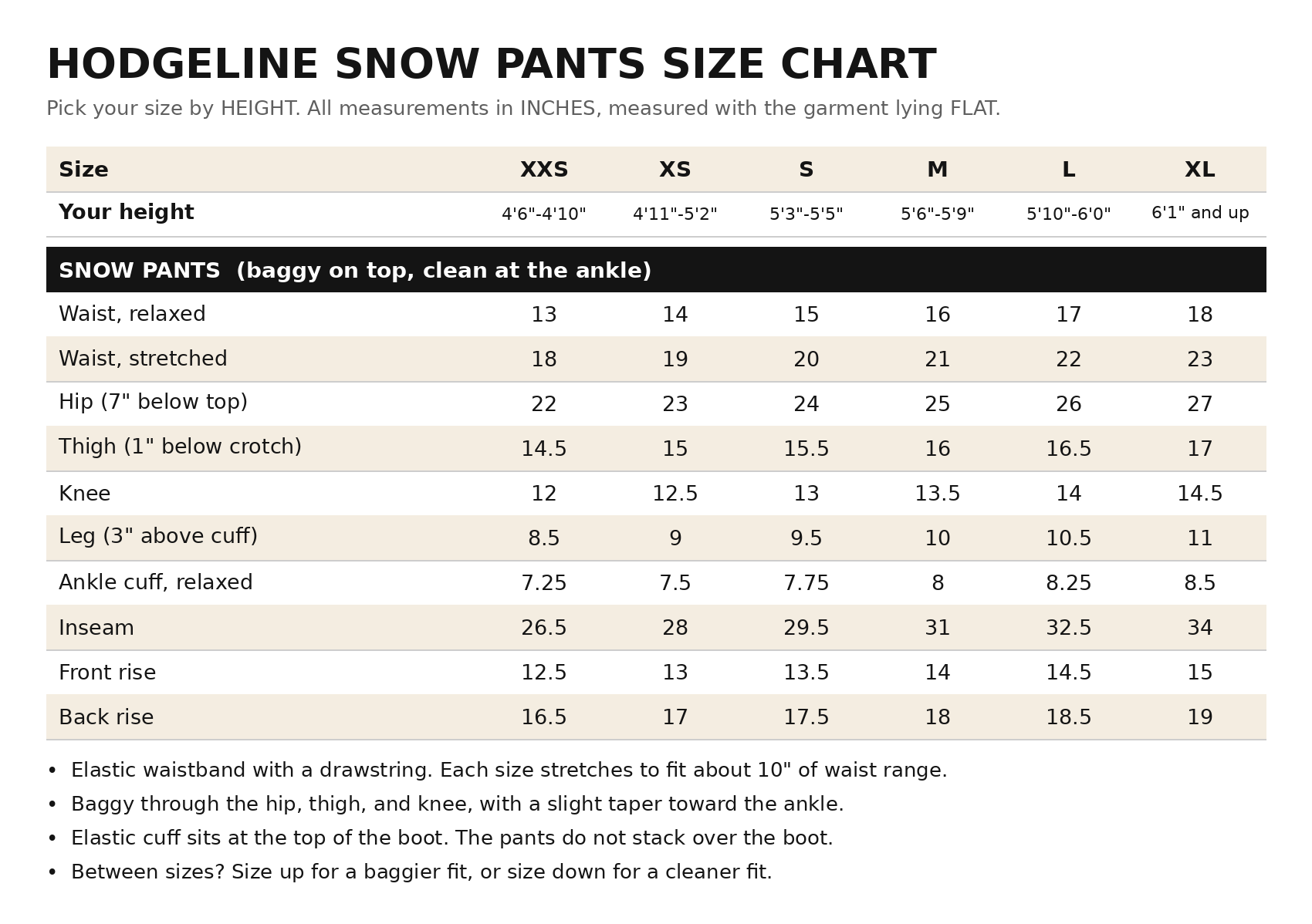 Hodgeline snow pants size chart. Sizes XXS to XL, picked by height, measurements in inches.