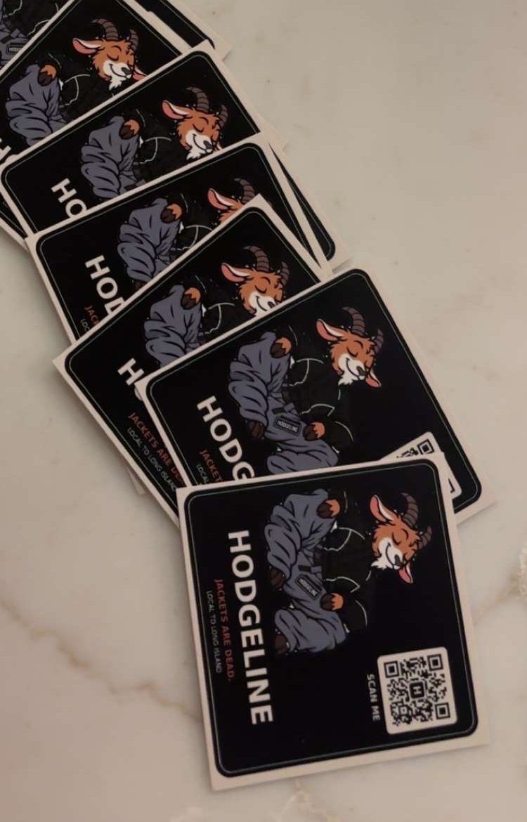 A stack of Hodgeline goat stickers that say Jackets are dead, with a QR code